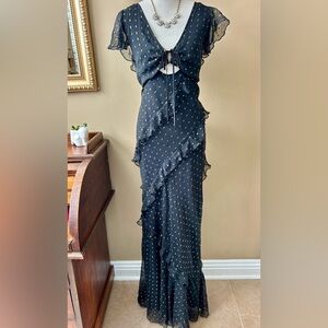 ASOS Design Bias Cut Ruffle Sleeve Maxi Tea Dress Gold Dot Size 14